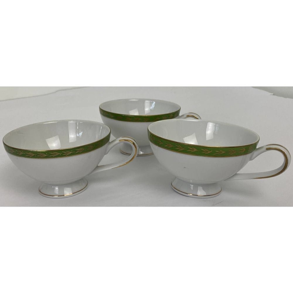 Mikasa Fine China Footed Cups Viscount 5688 White Green Gold - Lot of 3 Cups
